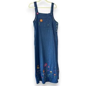 Vintage Quacker Factory Denim Jumper Dress Floral Embroidery Bee Size 12 Maxi